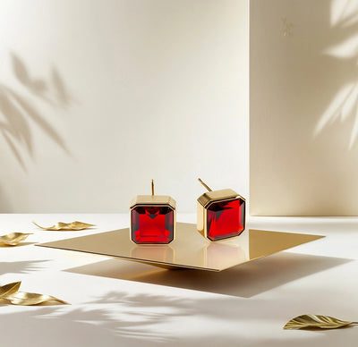 18K yellow gold-plated studs with 10mm Asscher cut Fiery Garnet. January birthstone garnet earrings gold plated