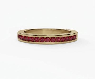 Elegant half eternity ruby ring for women featuring round red gemstones in a sleek minimalist band
