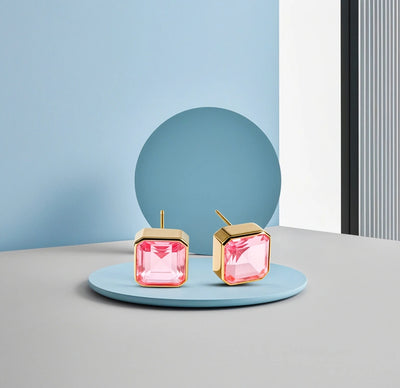 Modern square design studs with 10mm Tourmaline Bliss and secure push-back closure.