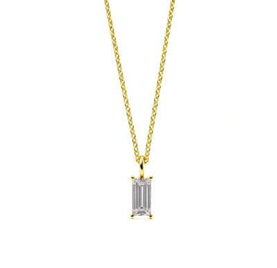 Dainty clear zircon baguette pendant necklace for women born in April. This April birthstone necklace features a sparkling clear gemstone, symbolizing strength and clarity, beautifully crafted with a radiant zircon diamond finish for timeless brilliance.