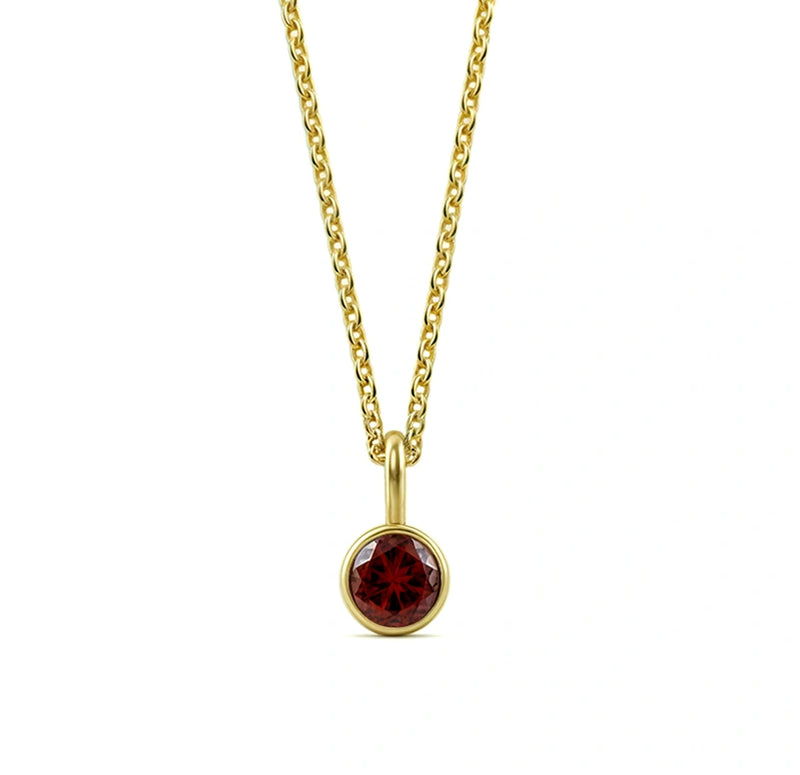 This garnet birthstone necklace features a deep red gemstone, beautifully set in a classic pendant necklace for women.