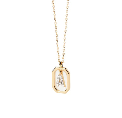 An initial A pendant necklace featuring a polished letter “A” charm on a delicate chain, offering a personalized and elegant jewelry piece.