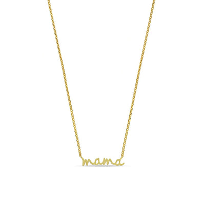 Vertical gold Mama drop necklace with delicate lowercase lettering. birthstone necklace