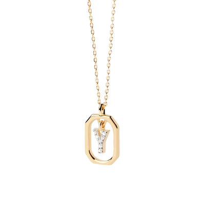 "Delicate yellow gold-plated necklace with a Y initial charm, adorned with sparkling white zircons for a sophisticated touch"