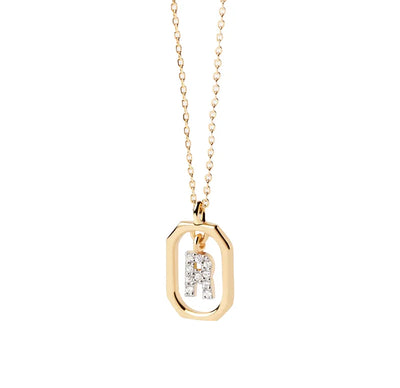 A gold initial letter pendant featuring a polished letter charm on a delicate chain, creating a personalized and elegant everyday jewelry piece.