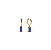 Bold blue earrings featuring baguette-cut gemstone pendants