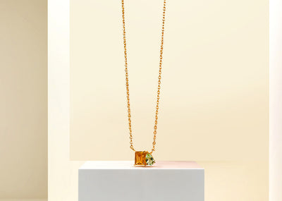 Toi et Moi necklace with citrine and green amethyst stones, a radiant amethyst citrine necklace featuring a romantic two-stone design that symbolizes love, balance, and harmony in an elegant gold setting.