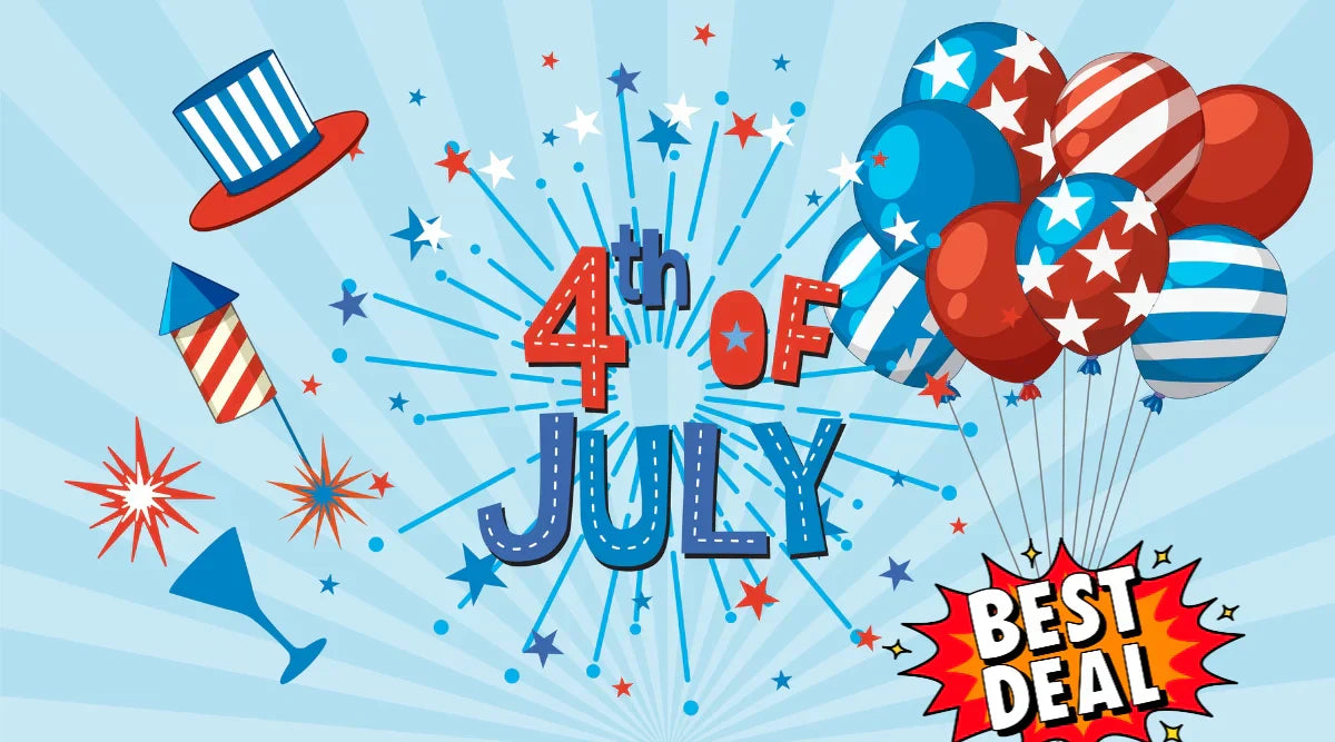 Festive 4th of July-themed graphic with red, white, and blue balloons, fireworks, stars, a striped top hat, and "4th of July" text at the center, with a "Best Deal" explosion graphic in the bottom right corner.