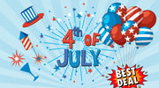Festive 4th of July-themed graphic with red, white, and blue balloons, fireworks, stars, a striped top hat, and 