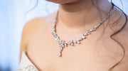 Bride wearing an elegant crystal wedding necklace with a strapless wedding dress, showcasing a close-up view of the neckline and jewelry details.