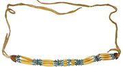 Traditional rawhide necklace featuring natural tan leather cords and a beaded centerpiece with turquoise, silver, and bone-like elongated beads in a tribal design.