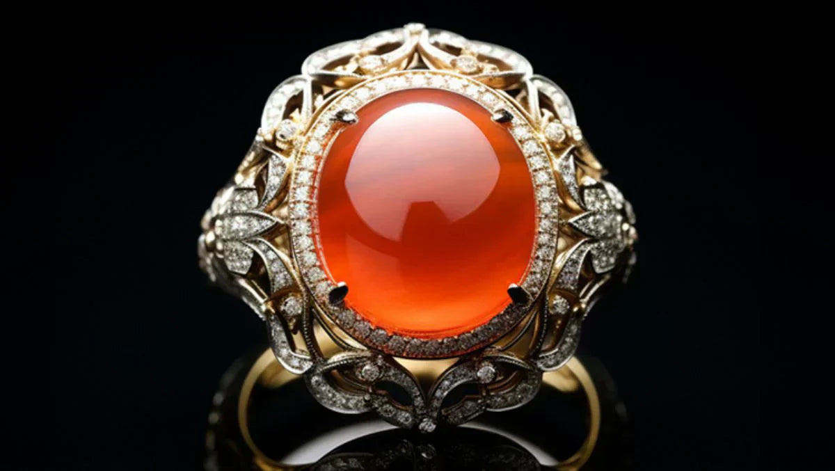 Elegant vintage-style ring featuring a large oval sardonyx gemstone set in an ornate gold band adorned with intricate diamond detailing, displayed against a black background.