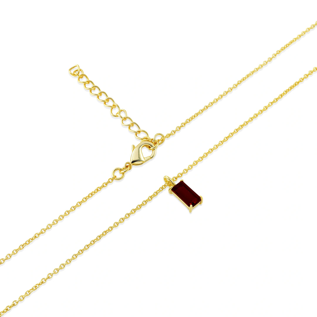 Elegant Garnet Birthstone Necklace featuring a deep red baguette-cut stone set in 14K gold-plated pendant on an adjustable fine chain for timeless charm.

