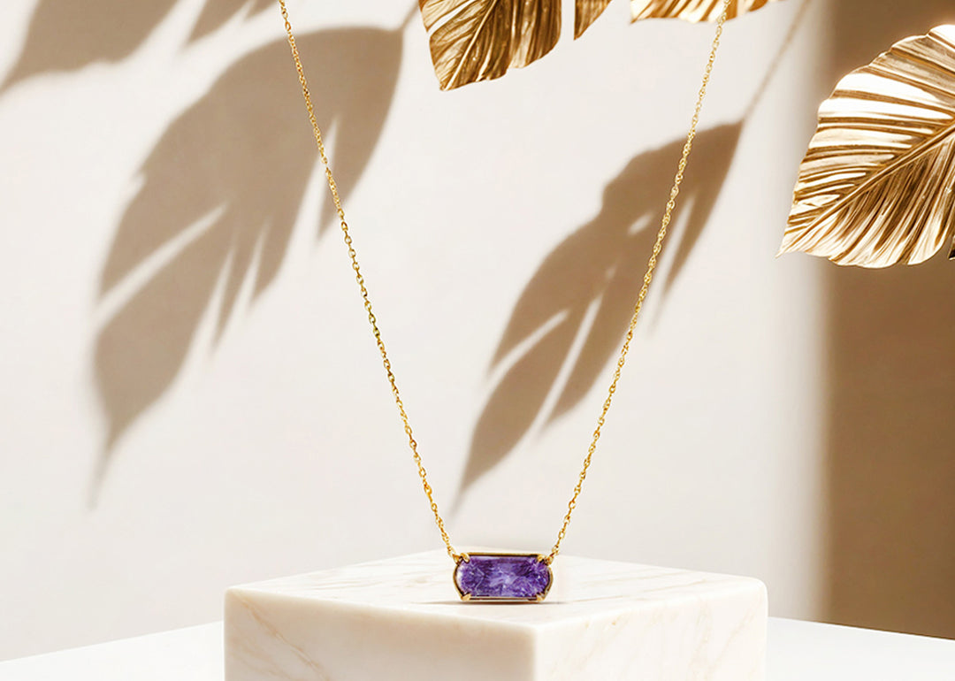 Charoite Necklace with custom-cut purple gemstone