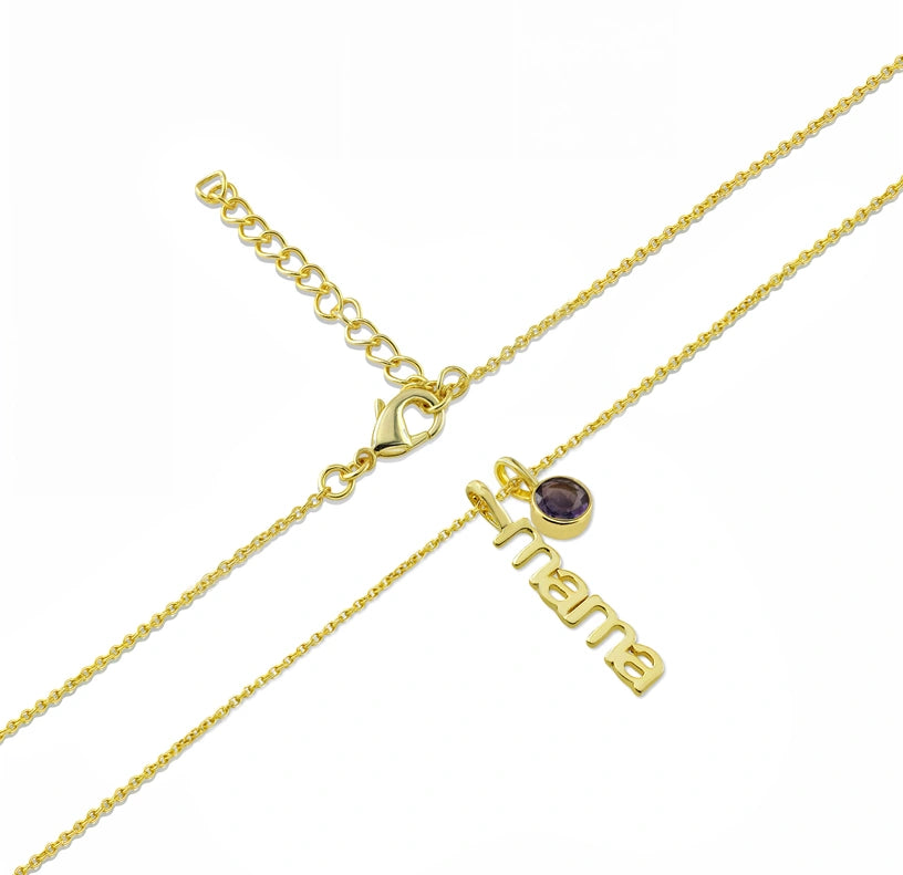 Mama necklace with birthstone featuring a personalized gemstone accent on a delicate chain, symbolizing love, family, and motherhood.