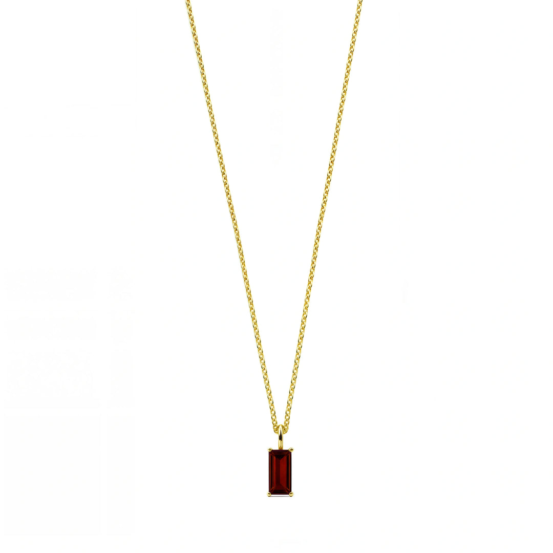 Timeless Garnet Necklace with bold red sparkle, ideal for January birthdays or special occasions, set on an adjustable chain with warm gold finish.


