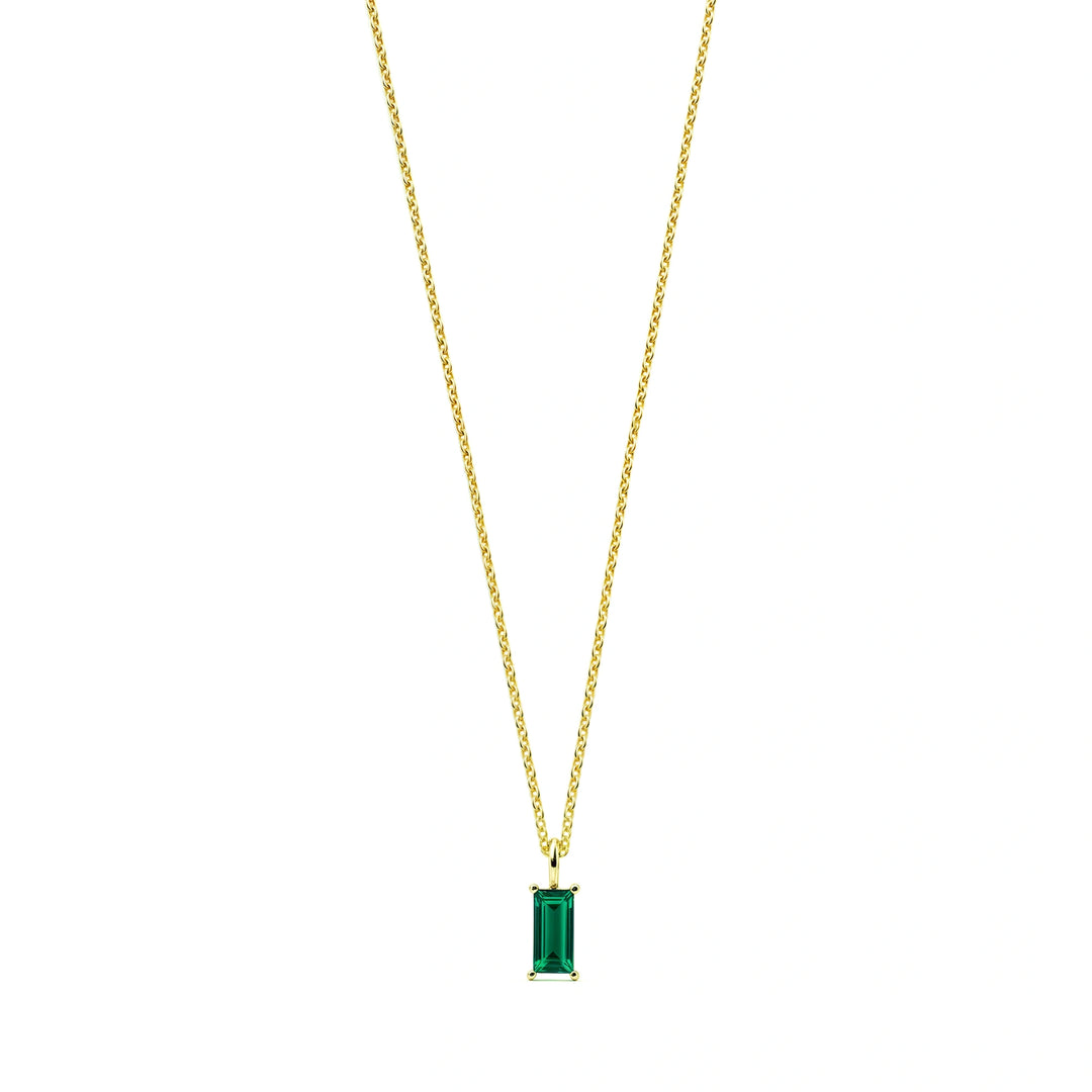 Elegant May birthstone necklace with a bold emerald baguette-cut stone, perfect for meaningful gifting or adding a pop of color to daily wear.