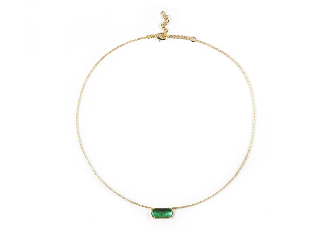 Delicate gold-plated pendant necklace featuring a custom-cut Emerald Quartz stone.