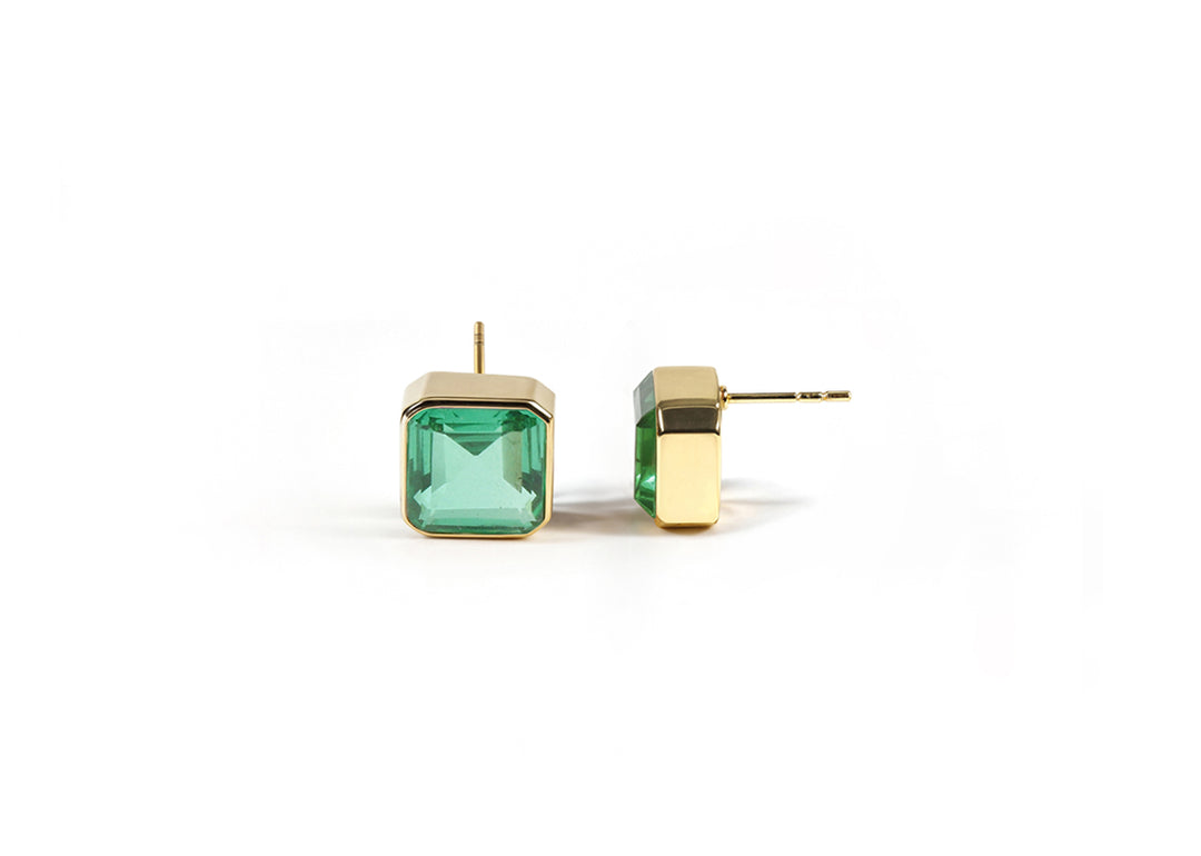 Elegant 10mm Asscher cut Emerald Quartz studs in high-quality gold plating.