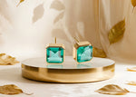 Load image into Gallery viewer, 18K yellow gold-plated studs with 10mm Asscher cut Emerald Quartz.
