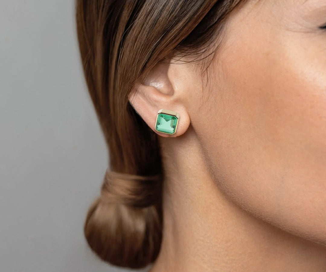 Bold Box Studs featuring 10mm Emerald Quartz in Asscher cut.