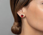 Load image into Gallery viewer, Bold Box Studs featuring 10mm Fiery Garnet in Asscher cut.
