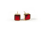 Load image into Gallery viewer, Stylish 10mm Asscher cut Fiery Garnet studs in yellow gold plating.
