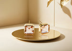 Load image into Gallery viewer, 18K yellow gold-plated studs with 10mm Asscher cut Blush Morganite.
