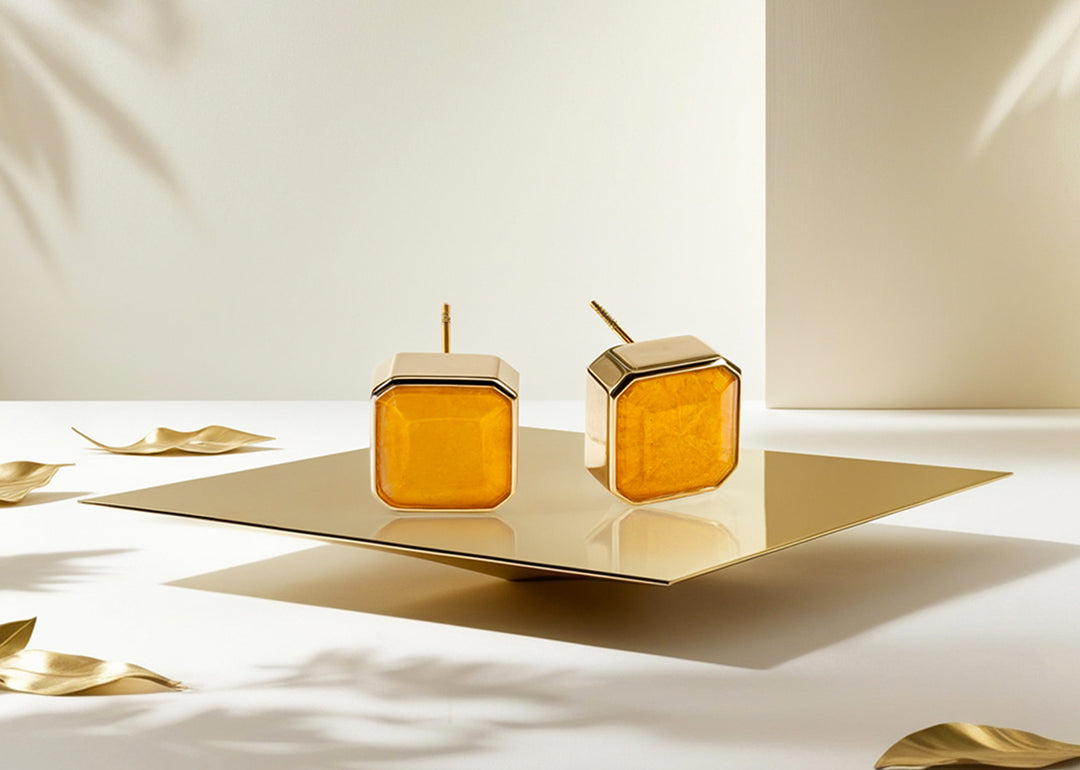 Bold Box Studs featuring 10mm Sunlit Quartz in Asscher cut.