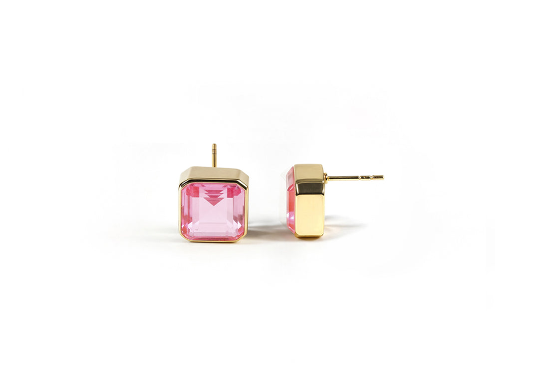 Elegant 10mm Asscher cut Tourmaline Bliss studs in high-quality gold plating.