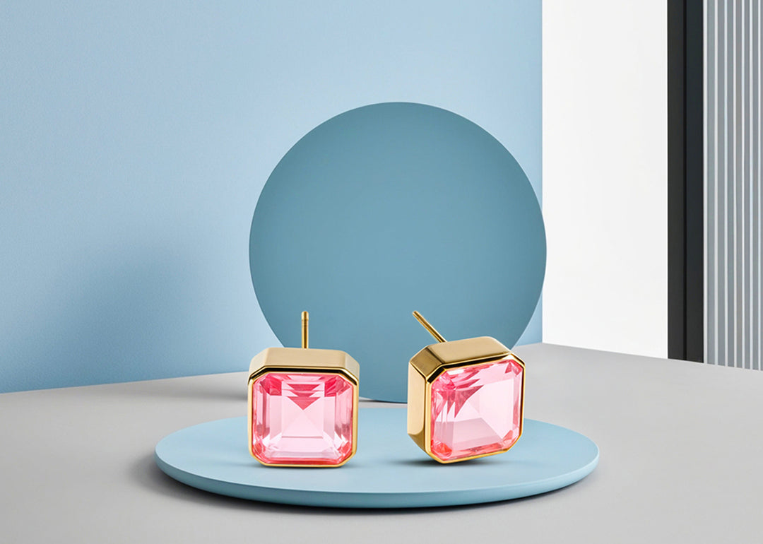 Modern square design studs with 10mm Tourmaline Bliss and secure push-back closure.