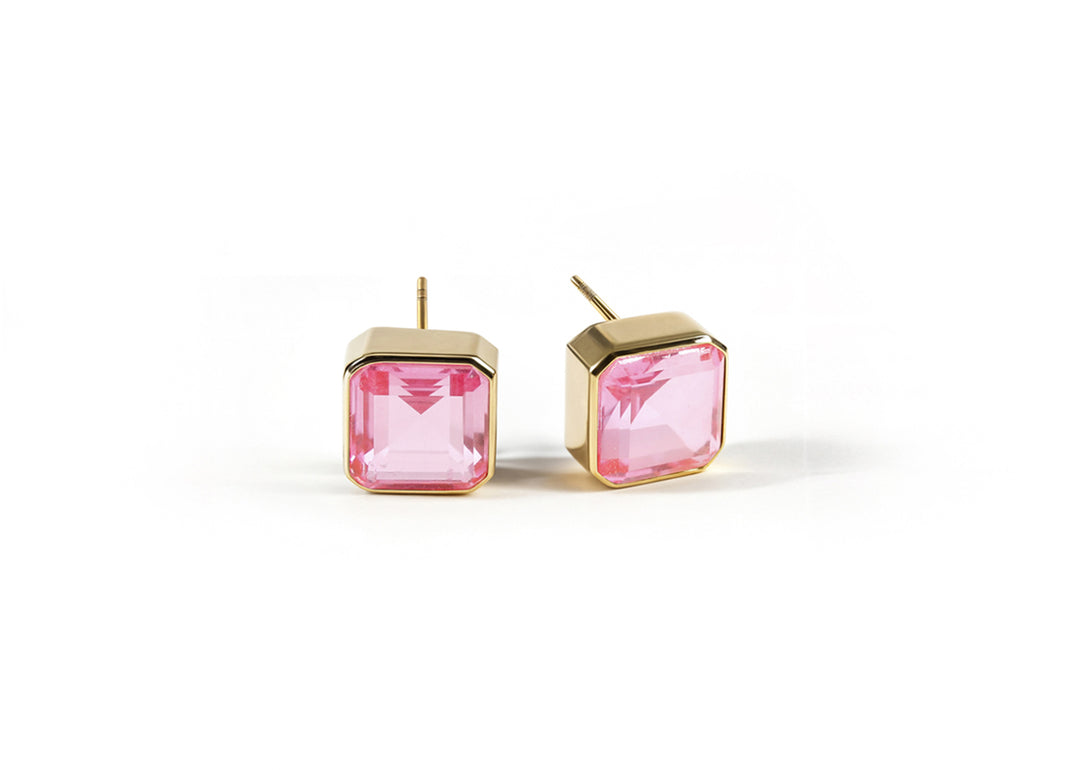 Stylish 10mm Asscher cut Tourmaline Bliss studs in yellow gold plating.