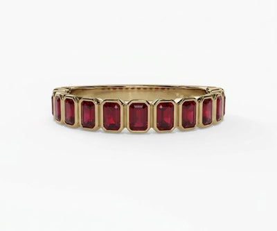Vintage-inspired emerald cut red ruby ring for women featuring bold ruby gemstone and classic refined setting
