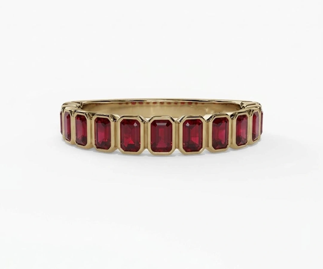 Vintage-inspired emerald cut red ruby ring for women featuring bold ruby gemstone and classic refined setting