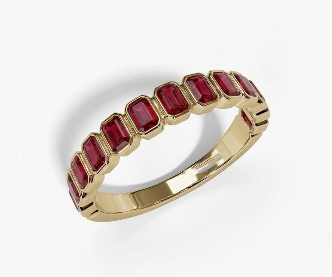 Emerald cut lab red ruby ring with deep crimson gemstone set in elegant sterling silver band for timeless ruby jewelry style