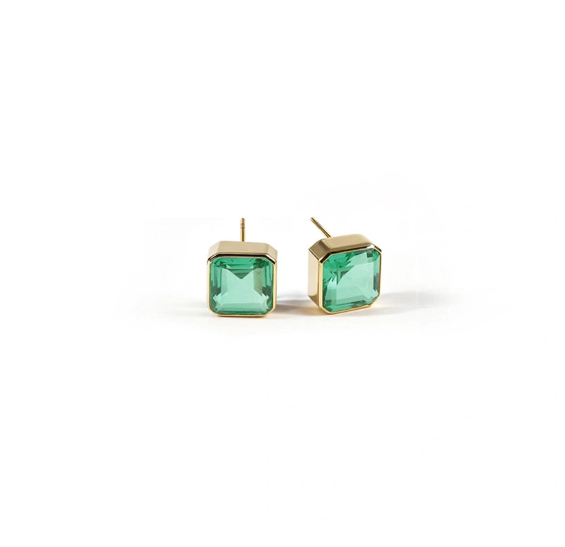 Elegant 10mm Asscher cut Emerald Quartz studs in high-quality gold plating.