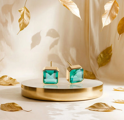 18K yellow gold-plated studs with 10mm Asscher cut Emerald Quartz. emerald stud earrings green gemstone for women