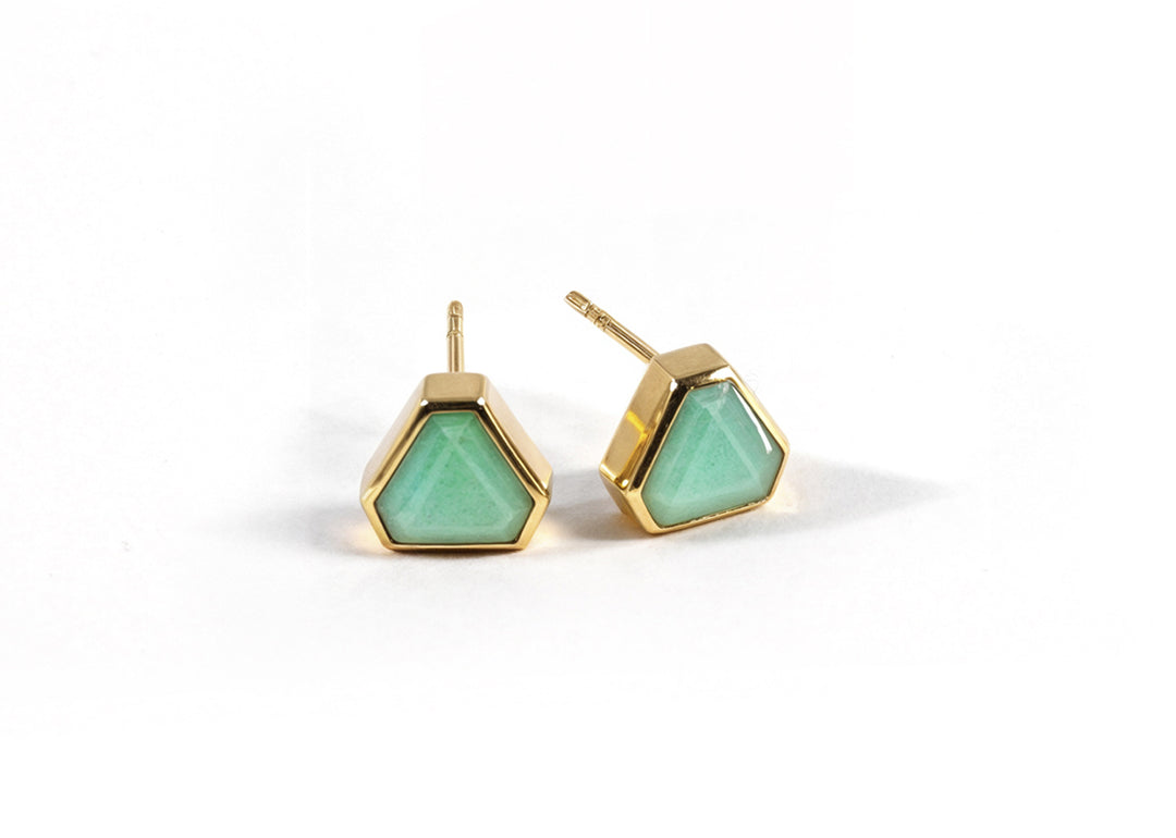 Modern studs with 7mm Chrysoglow and secure push-back closure.