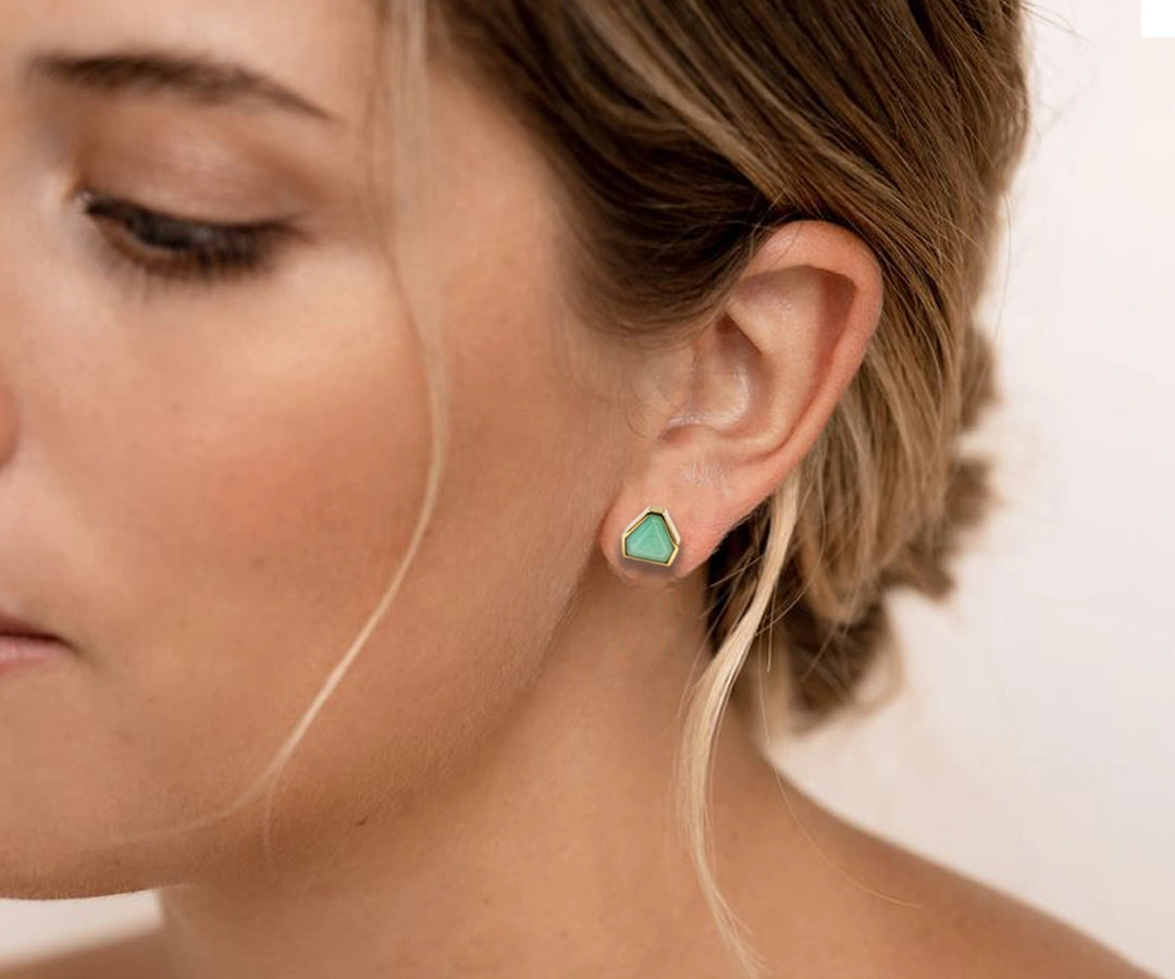 Facet Edge Studs featuring vibrant 7mm Chrysoglow stones.