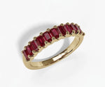 Baguette cut lab red ruby ring with sleek sterling silver band showcasing bold elegance and modern ruby jewelry design
