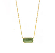 Green Amethyst Aura Necklace featuring a custom-cut 15x6.5mm gemstone set in yellow gold plating with an adjustable anchor chain.