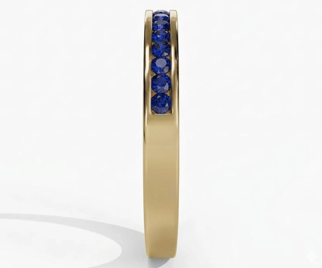 Elegant sapphire ring jewelry with round cut lab blue sapphires set in a refined half eternity band for women