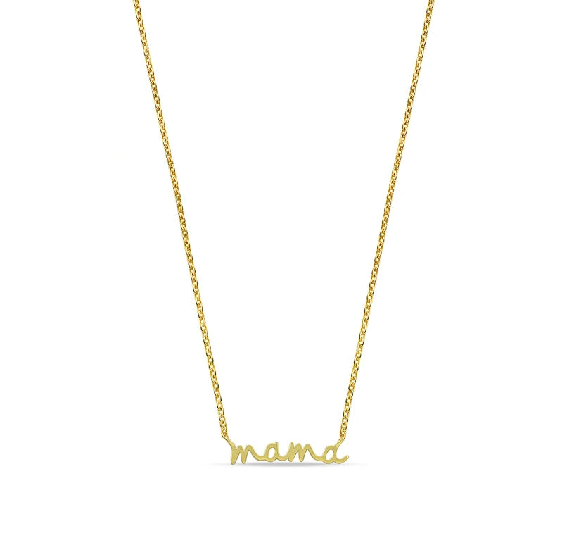 Vertical gold Mama drop necklace with delicate lowercase lettering.