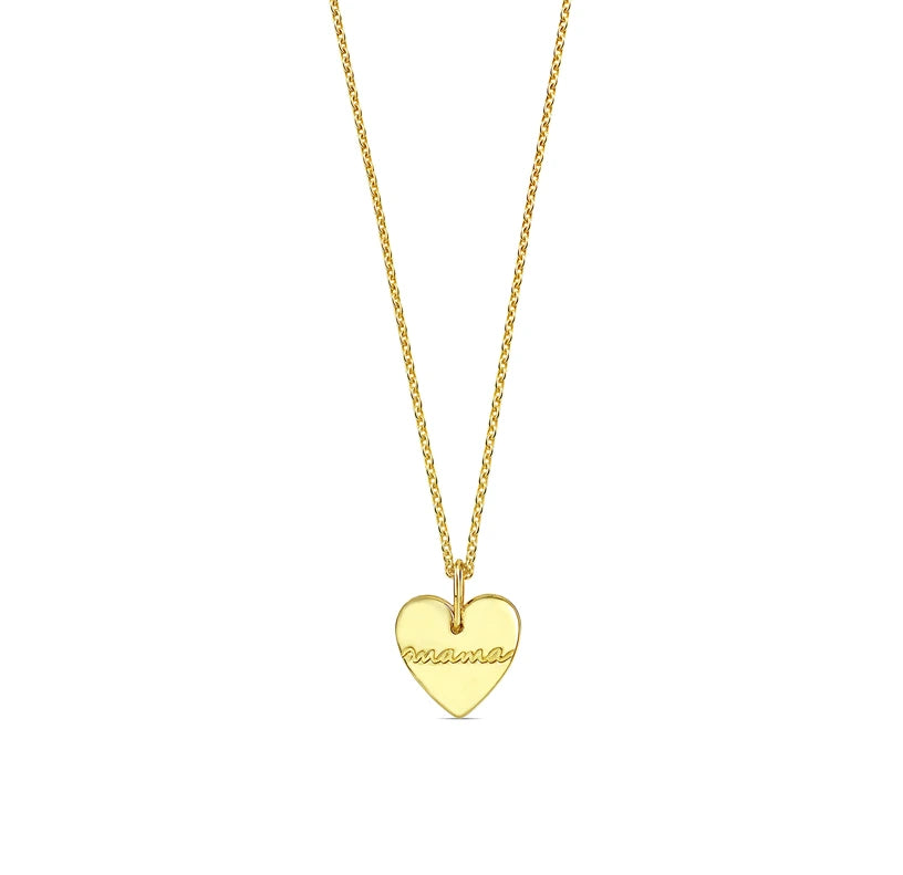 14K gold-plated heart pendant necklace with 'Mama' script engraving, displayed on an adjustable chain.