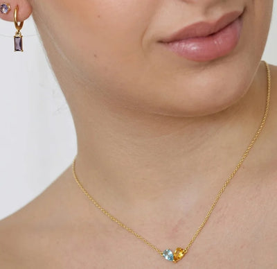 Dainty topaz and citrine pendant necklace in gold with bright blue and yellow stones, perfect for layering and modern jewelry styling