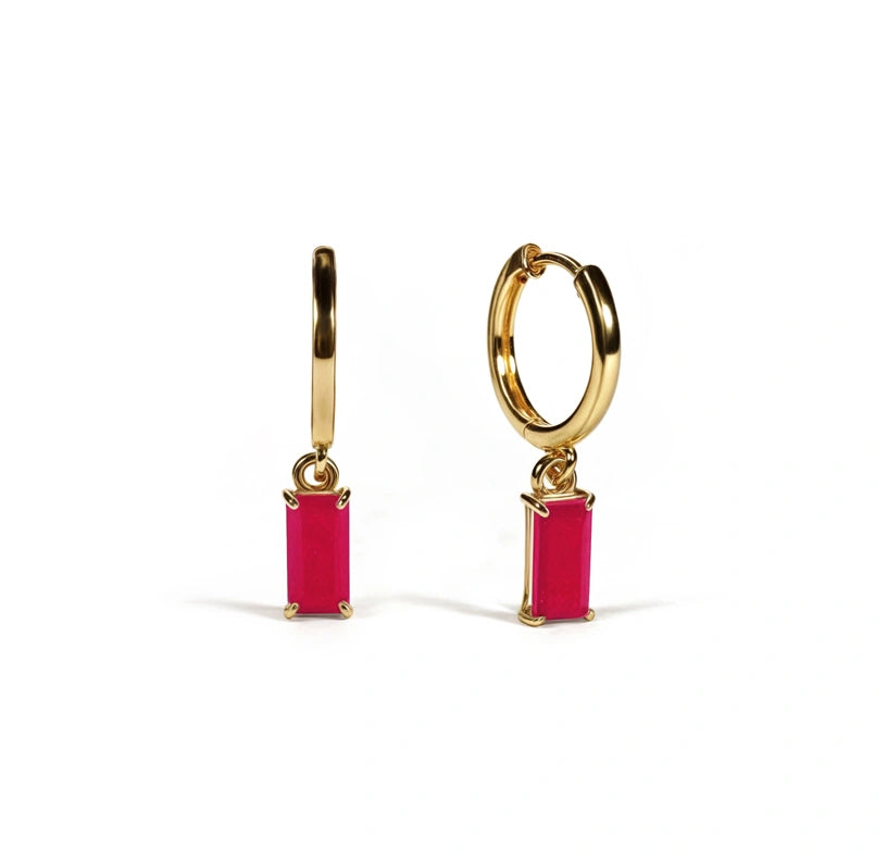 Trendy pink chalcedony baguette earrings on gold-plated hoops, capturing light and elegance in every angle.