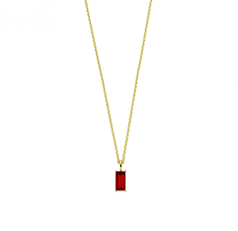 Crafted as a dainty pendant necklace, this ruby birthstone design adds a touch of passion and elegance to any outfit.


