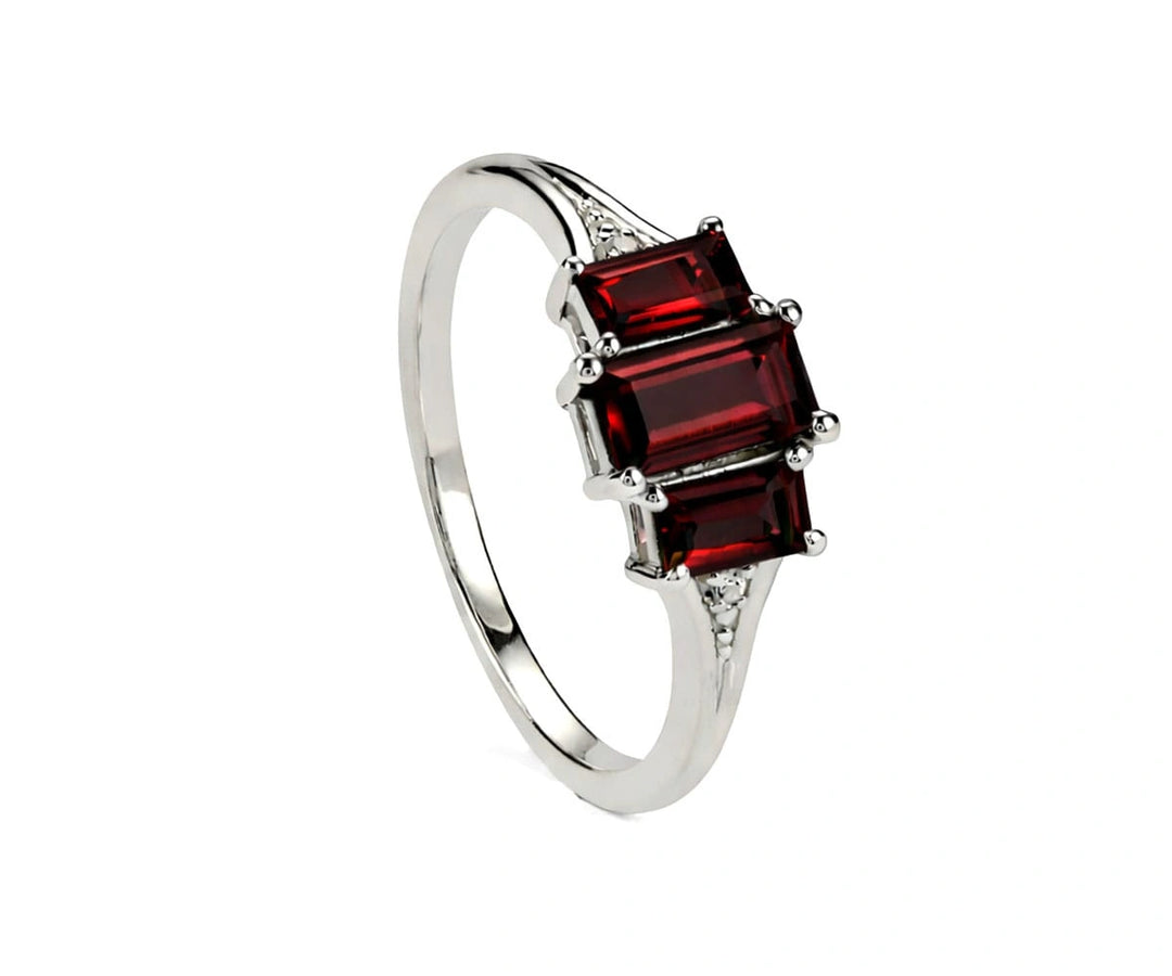 Garnet and white zircon sterling silver ring featuring a deep red gemstone with sparkling accent stones for elegant everyday wear