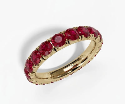 Round cut lab red ruby full eternity band ring with continuous sparkling crimson gemstones