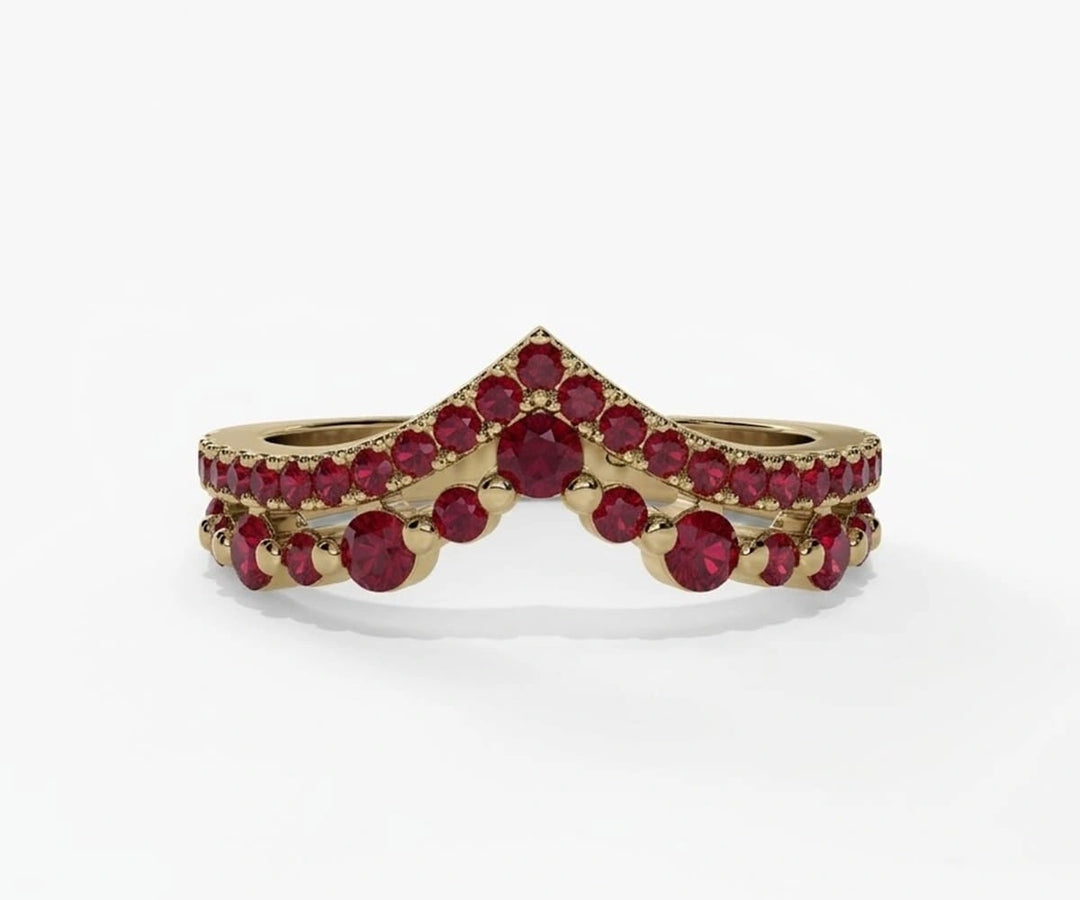 Round cut red ruby ring with sleek band design, perfect ruby wedding ring for ladies